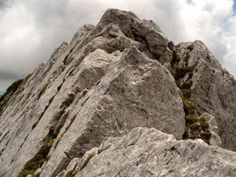 Scendo il pendio erboso seguendo una chiara traccia fino ad arrivare in prossimità delle prime rocce. Percorro questo tratto di alta via talvolta sugli spigoli acuminati di grossi massi,