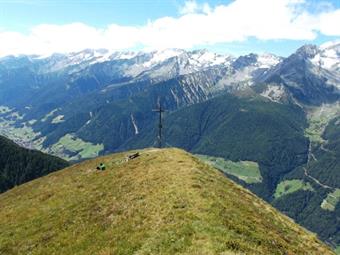 Con una serie di brevi tornantini raggiungiamo rapidamente la croce di vetta del Lutterkopf-Monte Luta (2295 metri), provvista di libro vetta e di una sgangherata panchina.