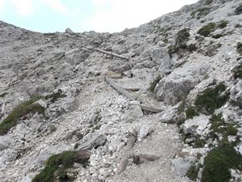 Una ripida salita con alcuni tratti attrezzati e gradini ci porta al Preval Globoko, da dove una breve deviazione ci può portare alla vetta del Vrh Planje o Snezni Vrh.