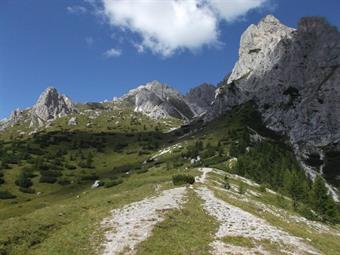 Il sentiero segnalato s'inoltra con moderata pendenza verso occidente, in direzione delle varie guglie rocciose costituenti le complesse Crode e Torrioni dei Longerin.
