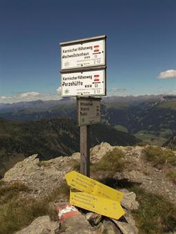 In breve raggiungiamo la panoramica forcella Val Carnia, importante crocevia di sentieri, dove transitano la Karnischer Höhenweg ed il percorso di cresta della Traversata Carnica.