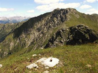 In lontananza verso oriente, dietro le dirupate pendici della Cima Mezzana/Gamskofel, possiamo scorgere la caratteristica croce di vetta del M. Vancomun/Hochspitz, recentemente salito (vedi relazione).