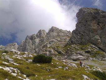 La traccia a volte marcata ed a tratti meno evidente, sale gradualmente verso settentrione, rimanendo comunque a ridosso delle incombenti pareti della sovrastante dorsale Pri Banderi-Jelenk-Vratni Vrh.