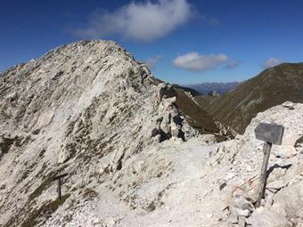 La successiva discesa a tratti ripida conduce all'uscita in cresta della breve ferrata austriaca, proveniente dal Passo di Cima Vallona.