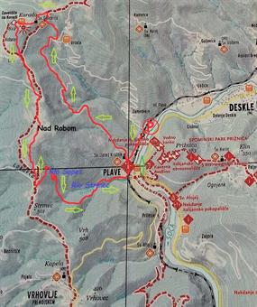 Il mio percorso tracciato a mano, dal valore puramente indicativo, sulla cartina situata all'inizio del sentiero a Plave.