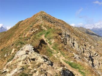 Una breve risalita conduce al cippo confinario de La Muta/Demut (2592), ultima vetta del massiccio della Montagna del Ferro.