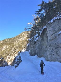 Un paio di ampie svolte ravvicinate ci fanno guadagnare rapidamente quota, ammirando l'innevata dorsale della Val Dogna verso meridione.