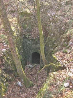 Una breve deviazione verso una vicina dolina, conduce all'ingresso blindato di una caverna ricovero con una targa in parte sbrecciata.