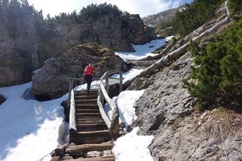 Tratto attrezzato con scalinata di legno sul "Sentiero dei Turisti", salendo all'altopiano dello Sciliar